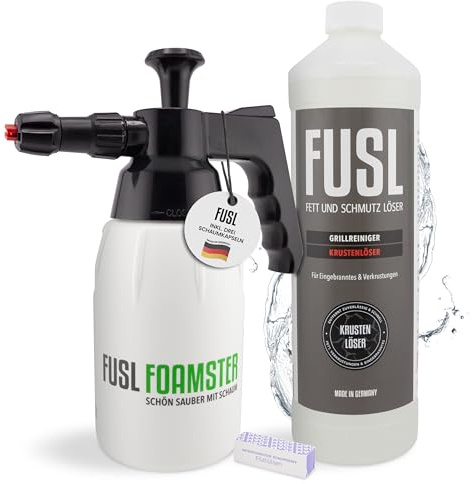 FUSL Komplett-Reinigungsset: FOAMSTER-Schaumkanone plus 1 Liter Krustenlöser – Hochaktiver Grill- und Backofenreiniger, Aktivschaum entfernt Fett & Eingebranntes, Bio-Abbaubar