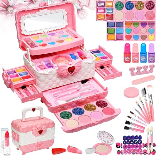 Kinderschminke Set Mädchen Schminkkoffer Kinder- Sicheres und Waschbares Schminke Kinder, Echtes Make Up Set , Prinzessin Geschenke für Mädchen 4 5 6-12 Jahre(Pink)