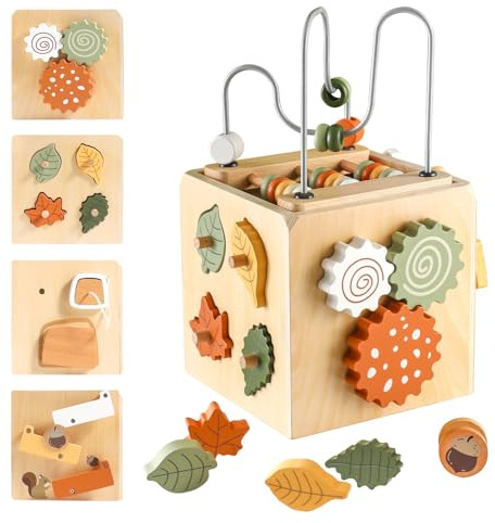 Smartwo Motorikwürfel Montessori Spielzeug ab 1 Jahr, Holzspielzeug Baby ab 18 Monate, 6 in 1 Activity Würfel mit Motorikschleife, Holz Motorikspielzeug 1-2 Jahre, Geschenk für Kleinkinder