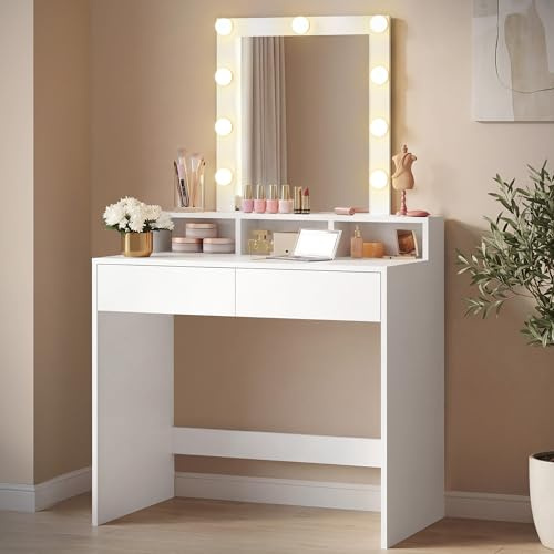 VASAGLE Schminktisch mit großem Spiegel, 2 Schubladen, 3 offene Fächer | Frisiertisch, Kosmetiktisch, modern, Wolkenweiss, KAILYN Kollektion RDT114W01