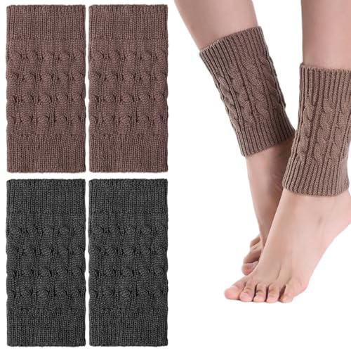 OUDQFCJ 2 Paar Stulpen Damen für Oktoberfest Tracht Kurze Beinwärmer Gestrickt mit Zopfmuster als Accessoire für Dirndl Schwarz Taupe