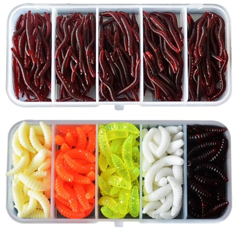 350 Stück Künstliche Köder Würmer Fisch,Cosswe Angelköder Künstliche Würmer Fisch, weiche Kunststoffwürmer, Angel Köder Box Set 150 Mehlwürmer+200 kleine Regenwürmer