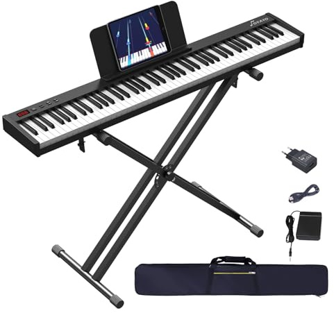 OYAYO E-Piano 88 Tasten für Einsteiger Halbgewichtetes Volle Größe Klavier, Tragbare Digital Piano mit Doppel-X-Ständer, Süstain-Pedal & Reisentasche E Piano für Zu Hause üben Geschenk