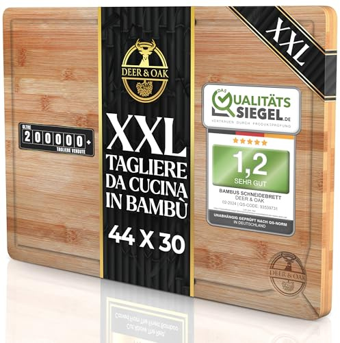 Deer & Oak Schneidebrett Holz – XXL Bambusbrett 44x30x2cm, Vorgeölt & Wasserabweisend, Messerfreundliches Küchenbrett für Fleisch, Gemüse & Brot