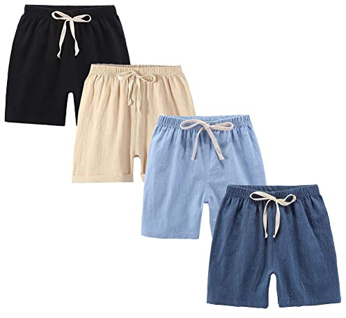 FedMois 4er Pack Kinder Jungen Shorts Baumwolle, Schwarz Blau Beige und Dunkelblau, 7-8 Jahre