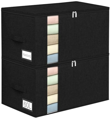 Aufbewahrungsboxen für Bettdecken, 60L, formstabil, 2er-Set, Schwarz | Seiten- und Bodenverstärkung, Doppelreißverschluss, Sichtfenster, stapelbar, für Bettwäsche, Kleidung und Decken