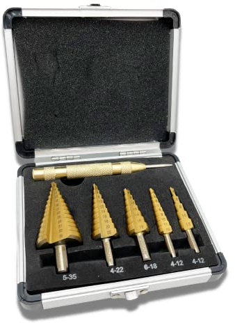 Stufenbohrer-Set, 6-teilig, Hochgeschwindigkeitsstahl, Titanbeschichtung, Kobaltkegel, Stufenbohrer mit automatischem Körnerstanzer, für DIY-Kunststoff, Holz, Metall, Aluminium, Eisen