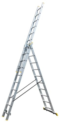Bayersystem BS-DW 3x10 Mehrzweckleiter, 3x10 Sprossen, 3-teilige Alu-Kombileiter, bis 150 kg belastbar, max. Arbeitshöhe 6,49 m, Klappleiter, Multifunktionsleiter, Stehleiter, Silber/Gelb