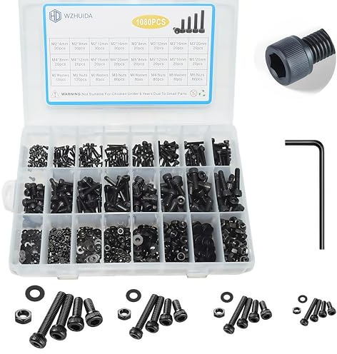 WZHUIDA 1080 Stück M2 M3 M4 M5 Schrauben Set, Schwarz Metrisch Zylinderkopfschrauben Innensechskant Schrauben Muttern und Unterlegscheiben Sortiment Set, Gewindemaschinen Sechskantschrauben