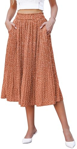 Hotouch Damen Rock Polka Dot Elastische Taille Faltenrock Sommer Chiffon Midi Rock Swing Elegant Plisseerock mit Taschen