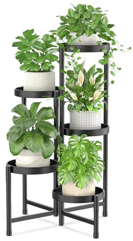 iDavosic.ly 5 Etagen Metall Pflanzenständer Blumentopfständer, Mehrstöckig Pflanzenregal Blumenregal Pflanzentreppen für Zimmerecke, Wohnzimmer, Balkon, Terrasse, Hof (Rund, Schwarz)