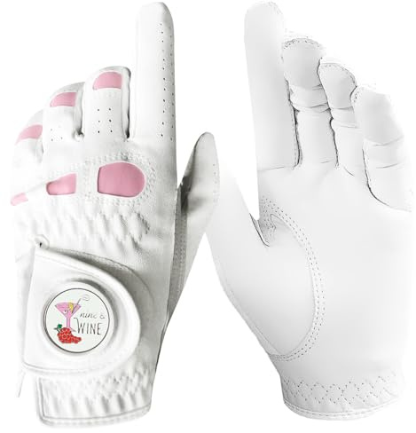 AMRTA Golfhandschuhe für Damen, linke Hand, Leder mit Ballmarker, 1 Stück, Damen-Golfhandschuh für Rechtshänder, atmungsaktiv, Allwetter-Griff (M, links)