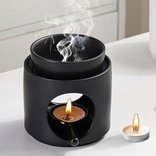 Duftlampe Ambiente Teelicht Aromalampe aus Keramik Stövchen für ätherische Öle, Duftöl und Duftwachs Teelichthalter Duftlicht(Hochwertige Schwarz)