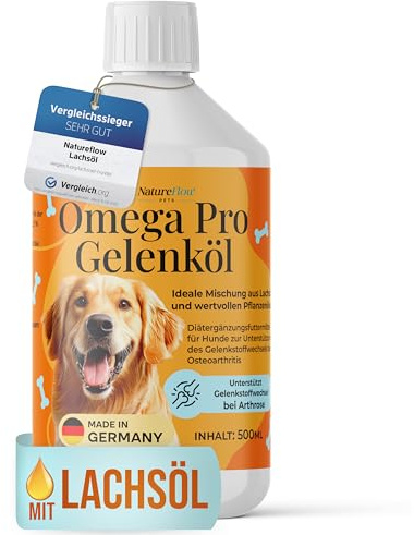 Omega Pro Gelenköl für Hunde 500ml – Lachsöl Mix mit Leinöl, Hanföl & Borretschöl – Omega 3 & 6 Fischöl für Gelenkstoffwechsel bei Arthrose – für Haut & Fell – Made in Germany