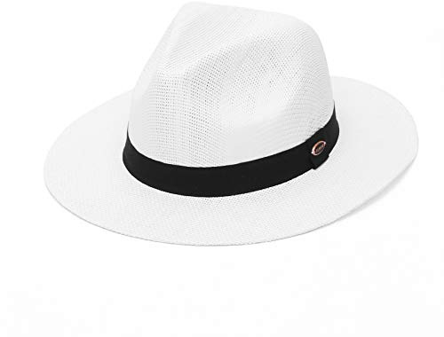 GEMVIE Panama Hut Herren Damen Breite Krempe Strohhut Fedora Hut mit Ripsband Bogarthut Sommer Sonnenhut M Weiß