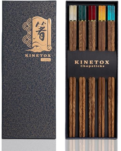 KINETOX Essstäbchen aus Holz, 5 Paar, chinesische Essstäbchen, Geschenkbox, wiederverwendbar, natürlich, als Geschenk zum Geburtstag, Umzug, Hochzeit, Weihnachten, aus Wengeholz