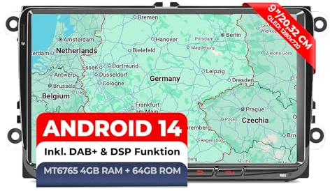 M.I.C. AV9-L2 Android 14 Autoradio für VW/Skoda/SEAT (RNS/RCD) | MT6765V,4G+64G,8 Zoll QLED,inkl. DAB+,SIM/4G,Wireless CarPlay & Android Auto,GPS Navigation,BT5,36-Band-DSP,Rückfahrkamera