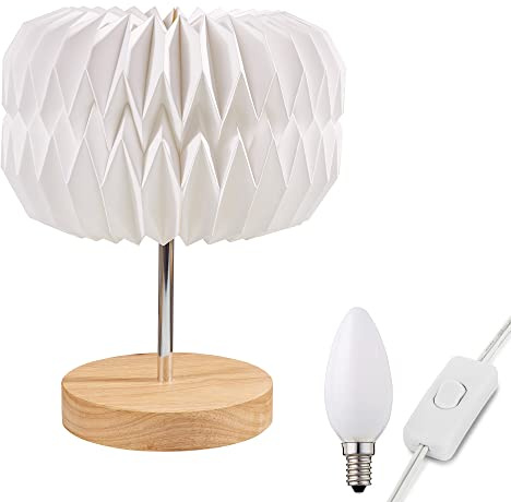 hellum Tischlampe Papier inkl. LED E14 warmweiß, Stecker & Schalter, innen | Lampenschirm weiß mit LED warmweiß, 22x32cm, Kabel weiß, Tischleuchte Wohnzimmer, Schlafzimmer, Nachttischlampe 578164