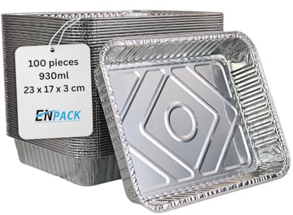 Enpack Aluschale R879-930G - 100 Stück Alu Grillschalen 226x176x30 mm - Feuerfeste Aluschalen 1000ml - Tropfschale/Fettauffangschale zum Grillen, Auflaufform - Aluschalen Grill - Grilltropfschale