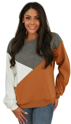 Movemama Still-Sweatshirt für Damen, Colorblock, diagonaler Reißverschluss, Velours-Innenseite, Kamel/Grau/Weiß, L