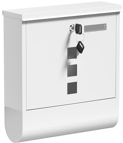 Wiltec Briefkasten mit Zeitungsrolle, weiß, 305 x 95 x 335 mm, Wandbriefkasten mit Namensschild, Sichtfenstern, Schloss und Zeitungsrolle, Postkasten aus pulverbeschichtetem Stahl