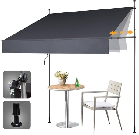 HOMEDEMO Klemmmarkise Markise Balkon ohne Bohren, 150cm x (120-150) cm Anthrazit, Upgrade Patent mit Verlängerten Einziehbaren Seitenstangen, UV-beständig Balkonmarkise höhenverstellbar Sonnenschutz