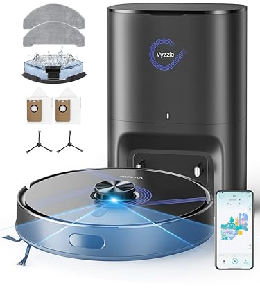 Vyzzle Saugroboter mit Wischfunktion 10000 Pa, Saugroboter mit Absaugstation 3.5L, LiDAR Navigation, Staubsauger Roboter für Tierhaare Teppich Böden,180Min Laufzeit, APP Steuerung(Schwarz)