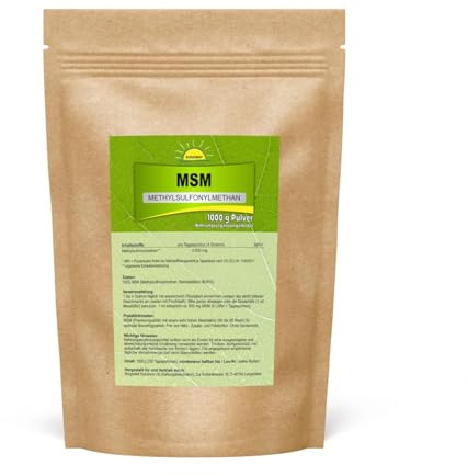 MSM, 1 kg Pulver im Beutel, Premiumqualität (99,96% Reinheitsgrad, 60-80 Mesh), ohne Siliziumdioxid, ohne DMSO-Rückstände, Standbodenbeutel aus Kraftpapier (aluminiumfrei!), Bonemis®