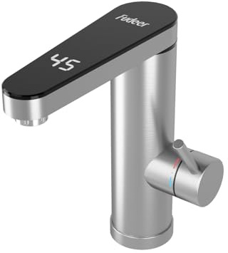 Fudeer wasserhahn mit durchlauferhitzer 230V, 3.3KW Badezimmer Elektrischer Wasserhahn mit digitaler Anzeige (30-45℃),Schnelles Aufheizen, 120° drehbarer Auslauf, 304 Edelstahl(Silber)