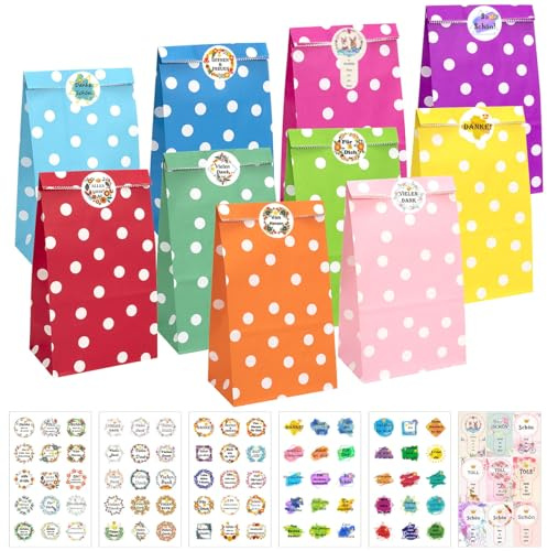 KASZOO Papiertüten, 40 Stück Bunte Geschenktütenmit 84 Aufkleber (Auf Deutsch) Candy Tüten zum Verpacken von Geschenken, Giveaways, Kindergeburtstag, Hochzeit, Party, usw