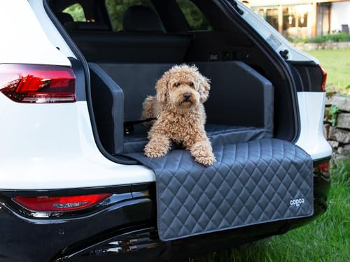 CopcoPet Hundebox Auto Kofferraumschutz Hund mit ladekantenschutz Kofferraum【Mit Tasche】 Kofferraum schutzmatte herausnehmbar - Hunde Autositz mit Anschnallsystem, hundetransportbox 90x70x38cm Grau