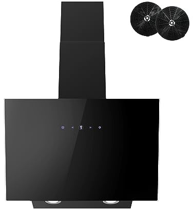 Dunstabzugshaube 60 cm, FIREGAS Kopffreiheit Dunstabzugshaube mit 578 m³/h Starker Saugleistung, 9 Einstellstufen, Berührungssteuerung, Umluft und Abluftmodus, 58 dB, Schwarz, Effizienz A++