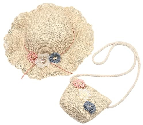 HIMKI Strohhut Mädchen Strohhut mit Tasche Kinder Sonnenhut Süßer Sommer Strandhut + Strohtasche für Mädchen Reisehut mit Blumendeko für Urlaub Reise Outdoor, Kopfumfang: 52-54 cm
