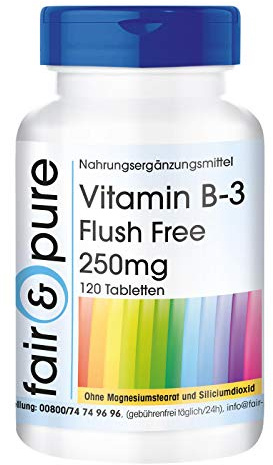 Fair & Pure Vitamin B3 Flush Free 250mg, 120 Tabletten, Nahrungsergänzungsmittel vegan ohne Magnesiumstearat, in Deutschland hergestellt