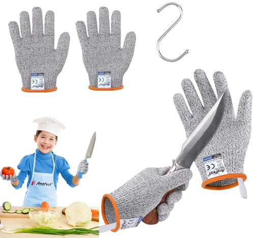 AmzFirst 2 Paar Level 5 Schnittschutzhandschuhe kinder 8 jahre, schnitzhandschuhe für kinder 7 jahre, lebensmittelecht, schnitthandschuhe küche 9 jahre, (Geeignet für 7-9 Jährige), Größe 5/XXS