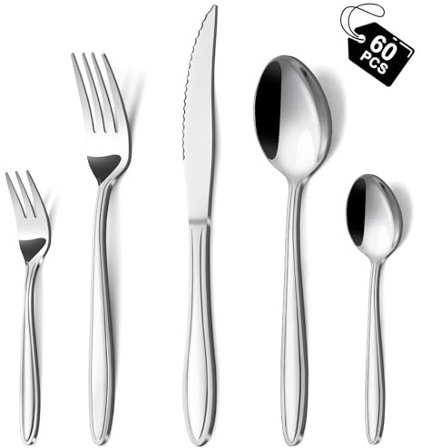 Hunnycook Besteck Set 12 Personen, 60-teiliges Edelstahl Essbesteck mit Liniengriff, Elegantes Besteckset mit Messer Gabel Löffel für Haus/Restaurant/Party, Spülmaschinenfest