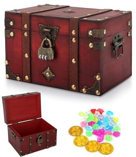 CSPone Buchsafe Mit Zahlenschloss Mini-Buchsafe Mit Zahlenschloss Aufbewahrungsbox Dekorative Schatzkiste Aus Leder Truhe Aus Holz 22x15x14 (L) Schatztruhe Hochzeit Kindergeburtstag Piratenschatz