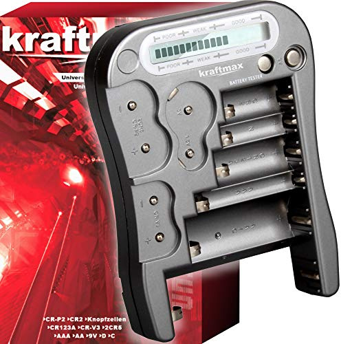 Kraftmax Batterietester V2 Professional - Universal Batterie und Akku Testgerät mit LCD Display und Knopfzellen Test - NEUSTE VERSION