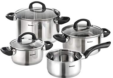Karcher Topfset Induktion Mia 4-teilig, Kochtopf Set aus Edelstahl | Backofen- & Spülmaschinengeeignet | Topf Set für alle Herdarten | 3 Töpfe, 1 Stielkasserolle, 3 Glasdeckel