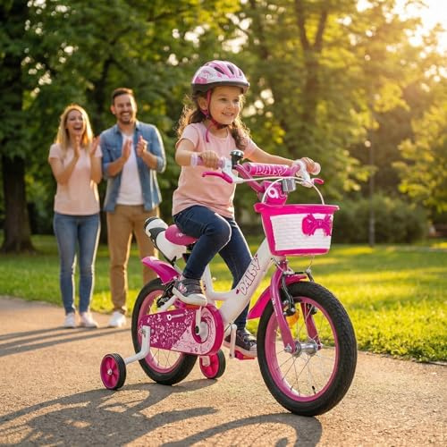 Actionbikes Kinderfahrrad Daisy 16 Zoll | Kinder Fahrrad für Mädchen - 4-7 Jahren - V-Brake Bremse - Kettenschutz - Luftbereifung - Fahrräder - Laufrad - Kinderrad (16 Zoll)