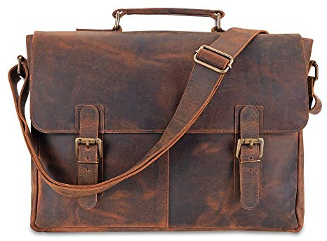 moonster Aktentasche Herren Leder - Handgefertigte Laptoptasche 16 Zoll aus Büffelleder, Messenger Bag mit gepolstertem Fach, Umhängetasche für Damen & Herren, Lehrertasche Braun Rustikal