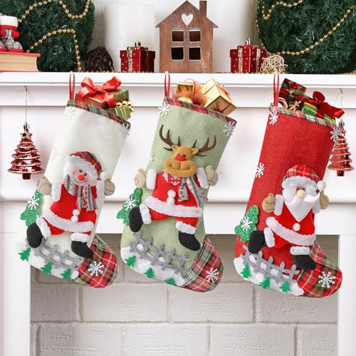 FainFun Nikolausstiefel Set, 3 Stück 32 * 19CM Weihnachtsstrumpf Deko Set, Nikolaussocken aus Jute Stoff, Weihnachtsstrumpf für Kamin Weihnachtsbaum Deko Rentier Weihnachtsmann, Schneemann