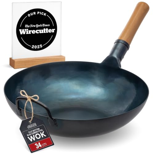 YOSUKATA Flacher Boden Blau Karbonstahl Woks & Wokpfannen 34 cm | Voreingebrannter Wokpfanne - Traditionell Wok für induktionsherd - Kompatibel mit Gas- Elektroherden Grill Induktion Feuer