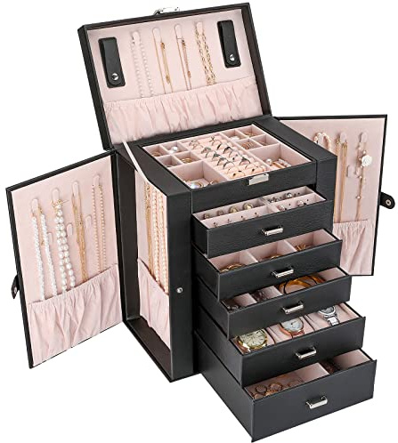 ProCase Große Schmuckkästchen, 6 Schichten Schmuckbox Schmuckkasten Schmuckschatulle, Schmuck Aufbewahrung Box mit Ohrringhalter Schubladen und Uhrenkissen, Jewelry Organizer Box -Schwarz
