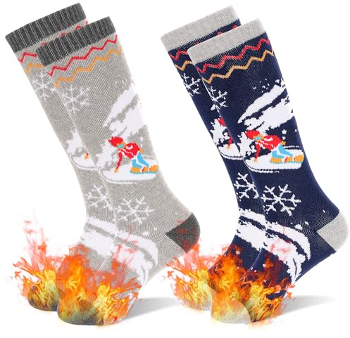 GRPSKCOS Kinder Skisocken, 2 Paar Warme Dicke Snowboard-Skating-Socken Winter Thermische Schneesocken für Jungen Mädchen Kleinkind (01 Marineblau + Grau- 2 Paare, 3-6 Jahre)
