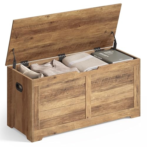 VASAGLE Sitzbank mit Stauraum, Holztruhe mit Deckel, 40 x 100 x 46 cm | Aufbewahrungstruhe, Schuhbank, für Flur, Honigbraun, SOFIE Kollektion LSB061K01