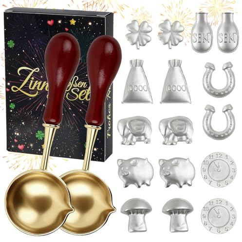 Wukong Zinngießen Set mit 16 Zinnfiguren & 2 Rundlöffeln – Gesunde Alternative zum Bleigießen, Silvester Orakelspiel mit Anleitung & Deutungsheft für Neujahr 2026
