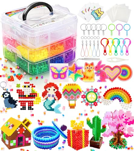 Ophy Bügelperlen Set | 15000 Stück 5mm Bügelperlen mit Dreilagiger Aufbewahrungsbox, 6 Bügelperlen Platten, 16 Muster, 5 Bügelpapiere, 20 Farben DIY Bügelperlenn, 3D für Kinder Geschenk Bastelideen