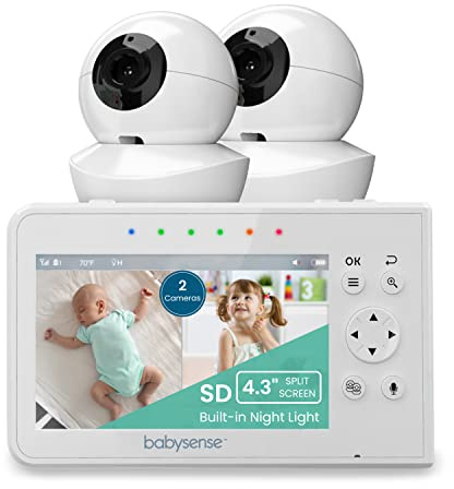 Babysense Babymonitor mit Geteilter Bildschirm 4,3“, Video Babyphone mit Zwei Kameras, PTZ-Funktion, Reichweite 300m (freien Raum), Nachtlicht, Zwei-Wege-Kommunikation, Nachtsicht, Schlaflieder