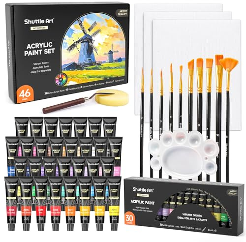 Shuttle Art 46 Acrylfarben Set mit 30 Farben (12ml), 10 Pinsel, 3 Leinwände | 1 Spachtel, 1 Palette, 1 Schwamm, ungiftige, wasserfeste Acrylfarben Set für Kinder, Malfarben für Holz, Leinwand, Ton, Stein